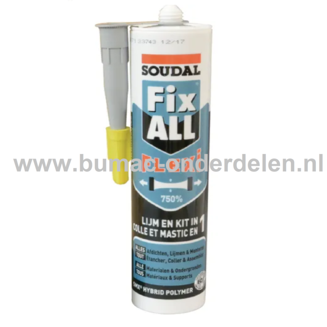 Lijmkit Fix-all Flexi Grijs 290 ml Lijmkit voor het afdichten en monteren van allerlei verschillende bouwmaterialen Aluminium, Bakstenen, Metaal, Staal, Steen, Beton, Graniet op alle ondergronden en in alle omstandigheden Ook voor structurele verlijmingen