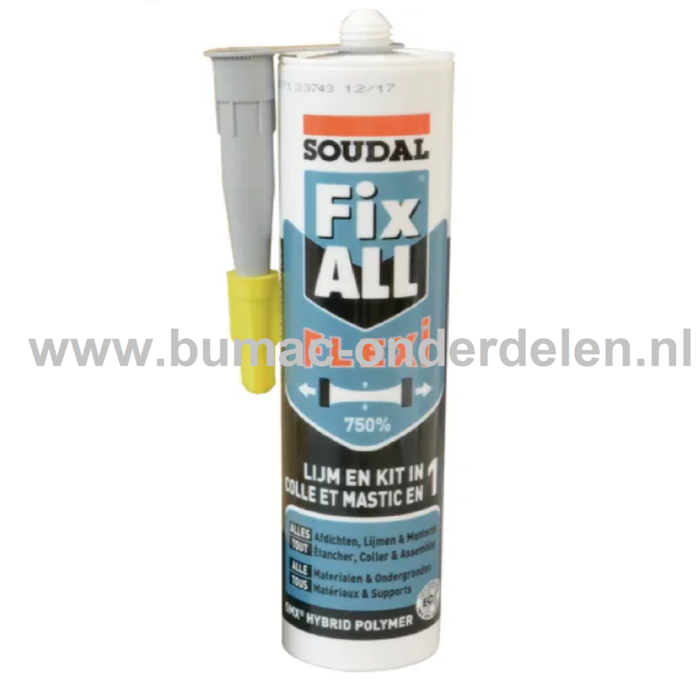 Lijmkit Fix-all Flexi Grijs 290 ml Lijmkit voor het afdichten en monteren van allerlei verschillende bouwmaterialen Aluminium, Bakstenen, Metaal, Staal, Steen, Beton, Graniet op alle ondergronden en in alle omstandigheden Ook voor structurele verlijmingen
