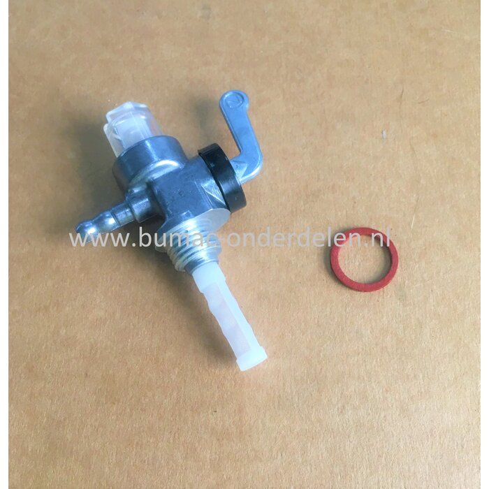 Stalen Benzinekraan M14x1,5 mm met benzinefilter voor Diverse merken Zitmaaiers, Tuintrekkers, Grasmaaiers, Aggregaten, Tuinfrezen, Minikranen, Waterpompen, Brandstofkraan