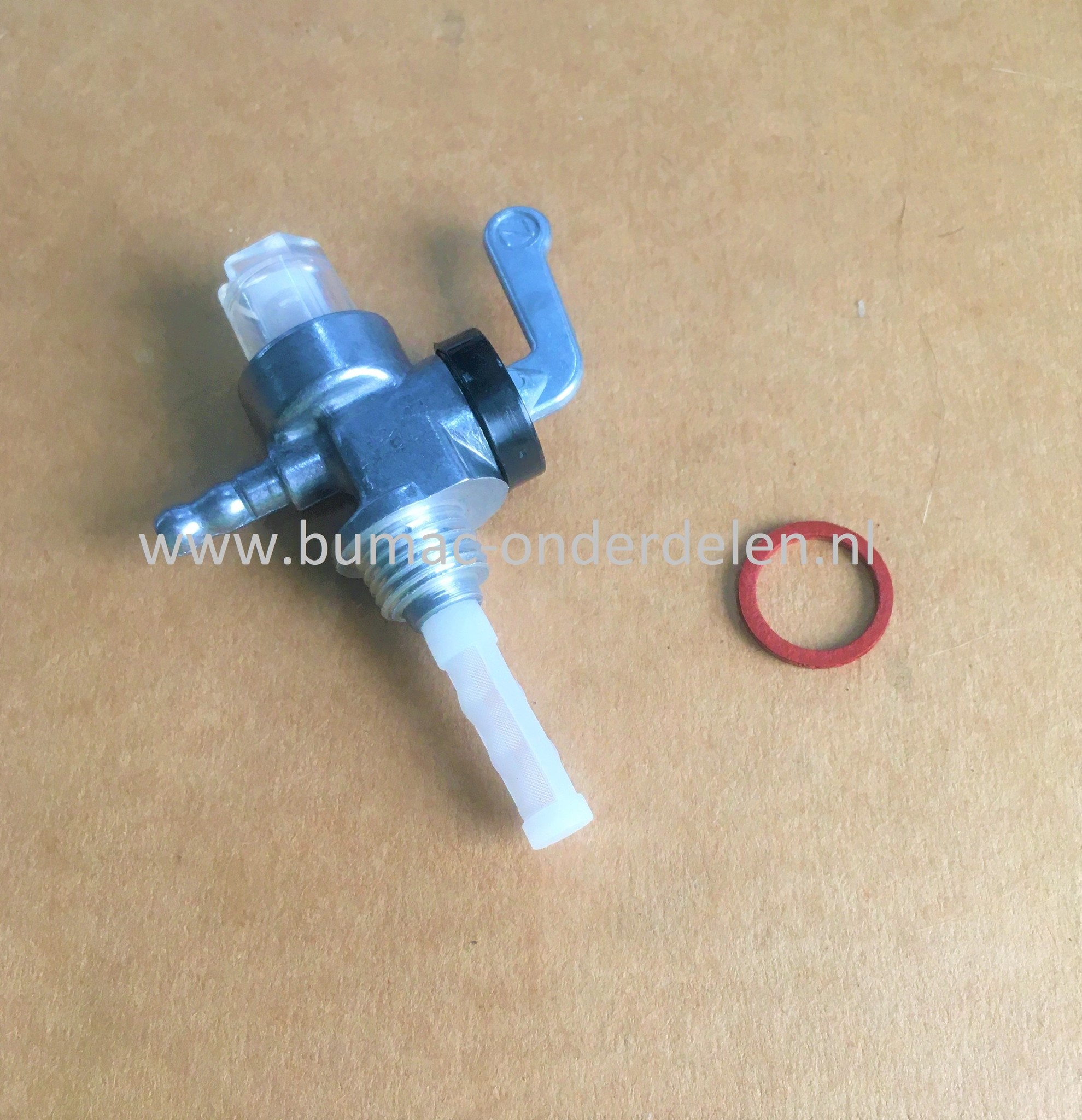 Stalen Benzinekraan M14x1,5 mm met benzinefilter voor Diverse merken Zitmaaiers, Tuintrekkers, Grasmaaiers, Aggregaten, Tuinfrezen, Minikranen, Waterpompen, Brandstofkraan