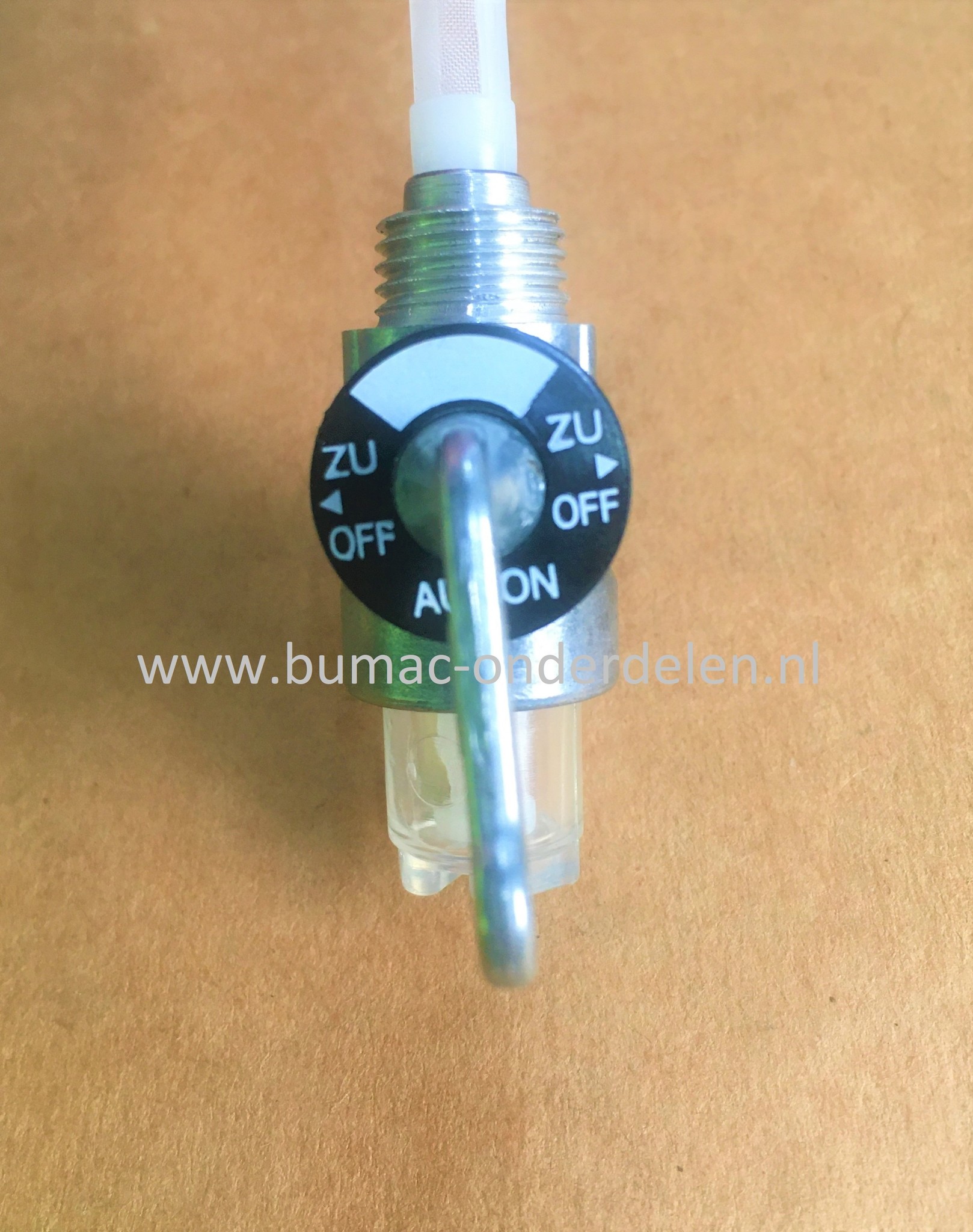 Stalen Benzinekraan M16x1 mm met benzinefilter voor Diverse merken Zitmaaiers, Tuintrekkers, Grasmaaiers, Aggregaten, Tuinfrezen, Minikranen, Waterpompen, Brandstofkraan