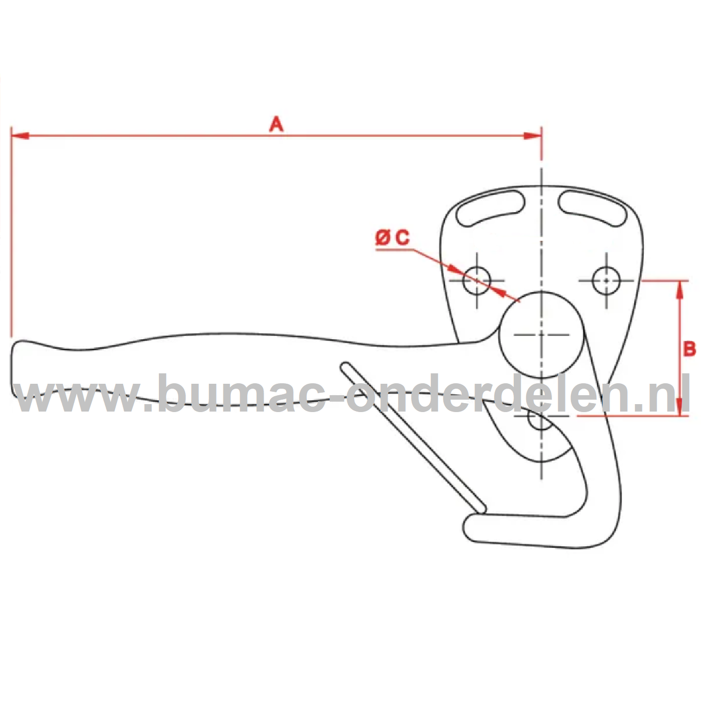 Haakse Klepsluiting Rechts 170x50x8 mm Haakse Klep Sluiting op Aanhangwagens, Aanhangers, Kiepkarren Bevestiging, Boutbevestiging, Sluiting, Vergrendeling