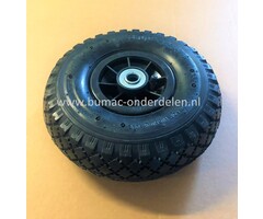 Wiel met Lager Ø 255 mm Breedte 75 mm voor onder andere Bolderkar, Steekwagen, Karren, Band, Gelagerd Wiel, Kunststof band met Haaks ventiel, Binnenband en Buitenband