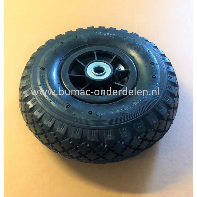 Wiel met Lager Ø 255 mm Breedte 75 mm voor onder andere Bolderkar, Steekwagen, Karren, Band, Gelagerd Wiel, Kunststof band met Haaks ventiel, Binnenband en Buitenband