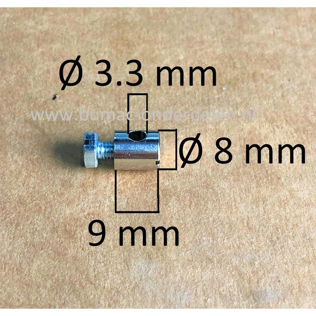 Schroefton voor Kabels tot Ø 3,3 mm Bevestigingsnippel om Binnenkabels op Maat te Maken, Schroefnippel voor Grasmaaier, Zitmaaier, Tuinfrees, Tuintrekker, Kooimaaier, Brommer, Cart, Scooter, Hakfrees Schroefton 9x8x3,3 mm