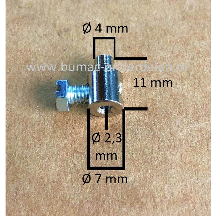 Schroefnippel voor Kabels tot Ø 2,3 mm Verloopnippel om Binnenkabels op maat te maken en te verbinden, Kabelverbinder voor Grasmaaier, Zitmaaier, Tuinfrees, Tuintrekker, Kooimaaier, Brommer, Cart, Scooter, Hakfrees, 11x7x2,3 mm