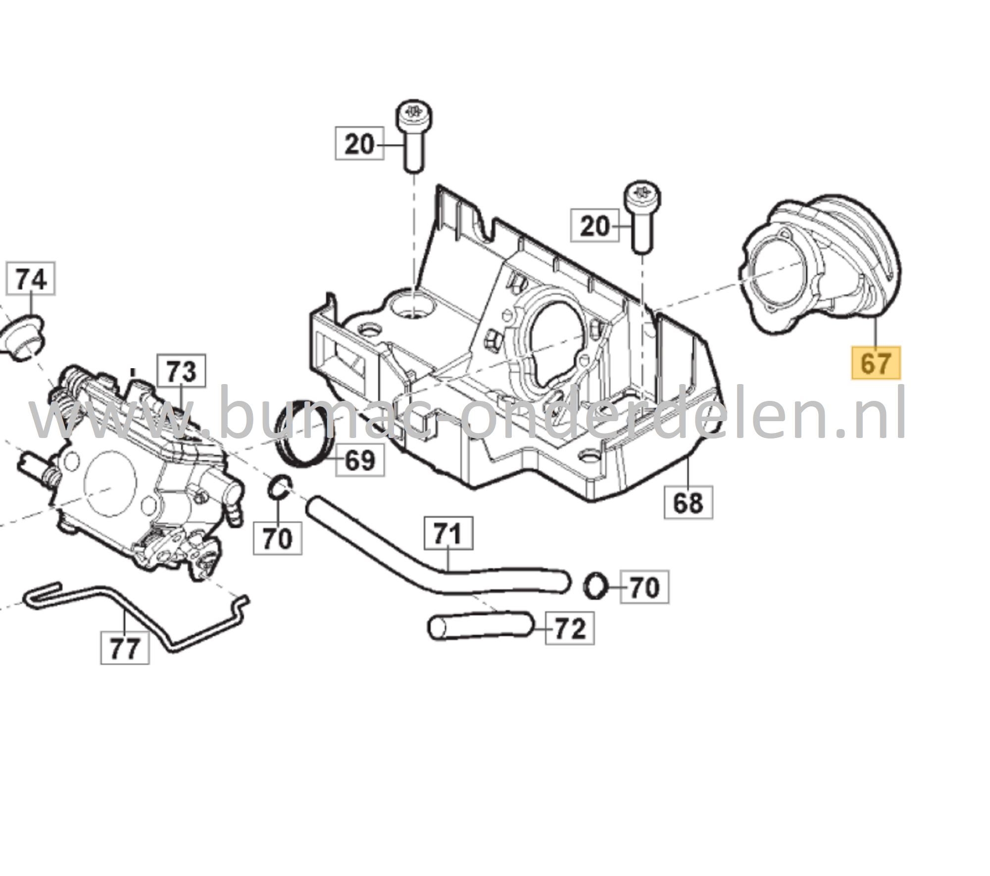 Inlaatspruitstuk van Carburateur naar Cilinder voor Stiga, Castelgarden, Mountfield, Alpina Kettingzagen, Motorzagen AC38, AC42, AC52, ACS538, ACS542, CS540, CS545, CS750, MC4216, MC4616, MC5218, MF2500, SP386, SP426, Tussenstuk, Spruitstuk, AC 38, AC 42,