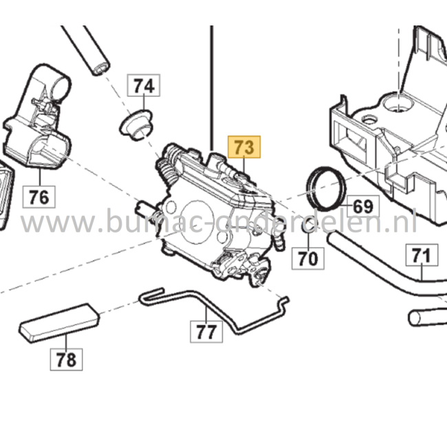 Carburateur voor Stiga, Castelgarden, Mountfield, Alpina Kettingzagen, Motorzagen AC38, AC42, AC52, ACS538, ACS542, MC4216, MC4616, MC5218, SP386, SP426, SP466, SP526, Carburator, AC 38, AC 42, AC 52, ACS 538, ACS 542,  MC 4216, MC 4616, MC 5218, SP 386,