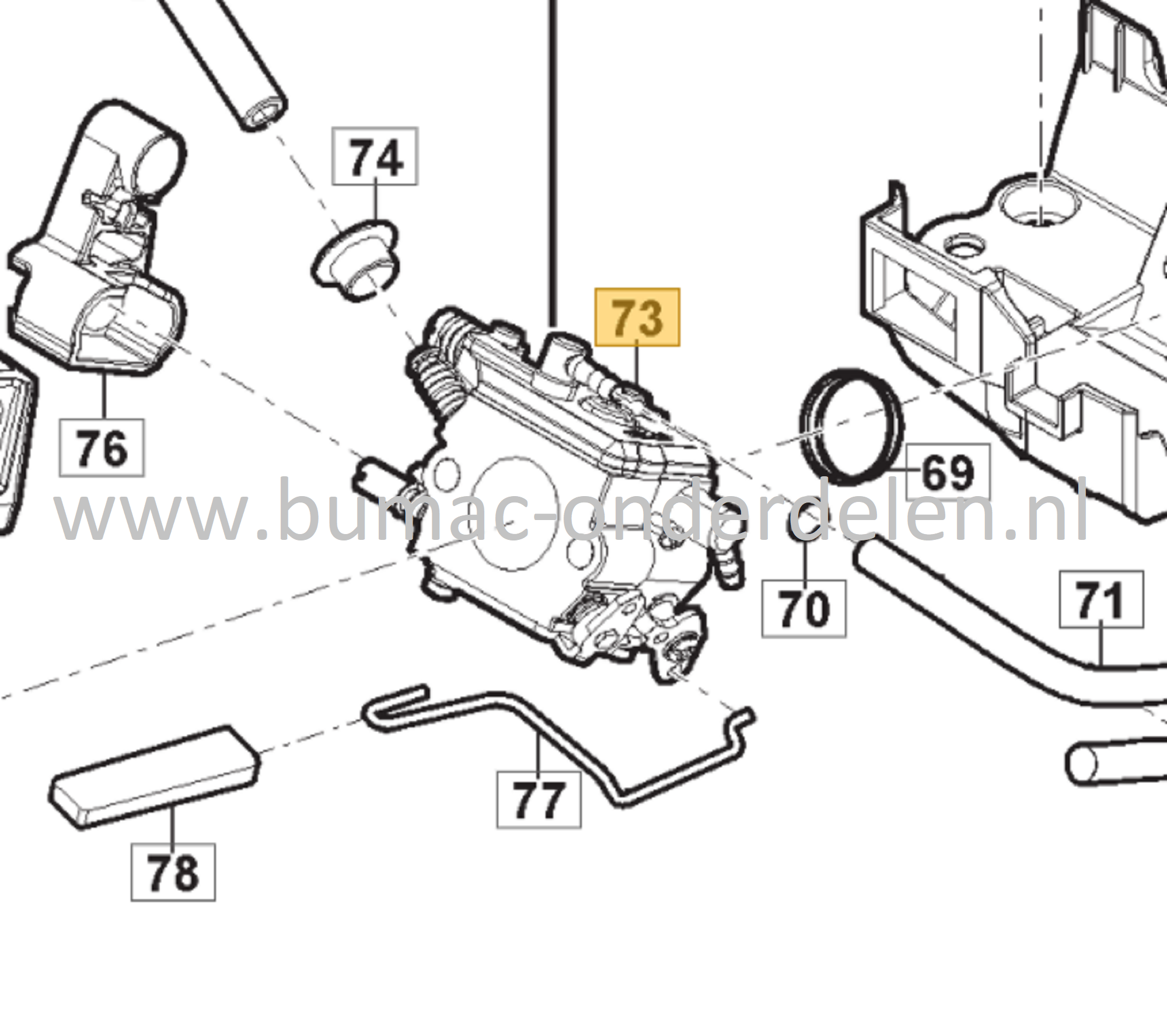 Carburateur voor Stiga, Castelgarden, Mountfield, Alpina Kettingzagen, Motorzagen AC38, AC42, AC52, ACS538, ACS542, MC4216, MC4616, MC5218, SP386, SP426, SP466, SP526, Carburator, AC 38, AC 42, AC 52, ACS 538, ACS 542,  MC 4216, MC 4616, MC 5218, SP 386,