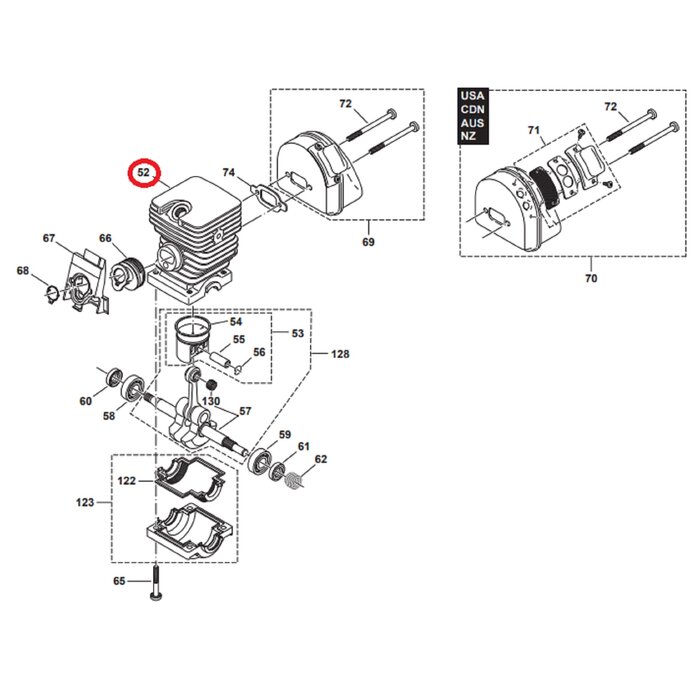Cilinder Ø 43 mm voor DOLMAR, MAKITA PS36, PS41, PS45 op Kettingzagen, Motorzagen Cylinder PS-36, PS-41, PS-45