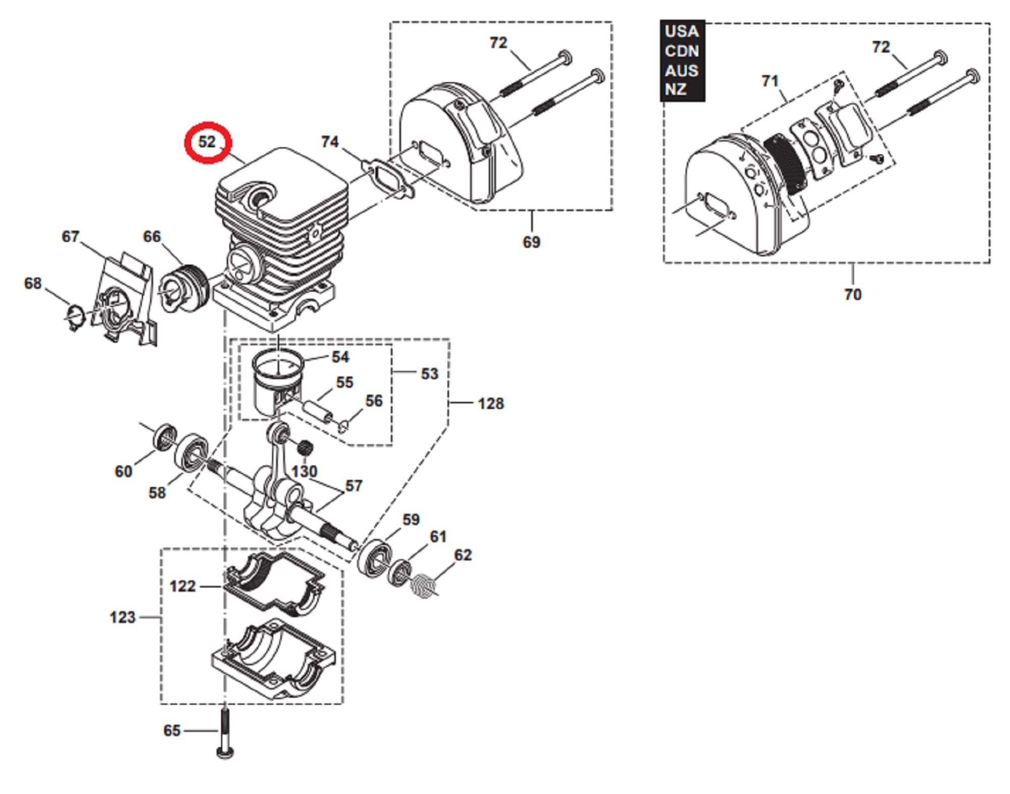 Cilinder Ø 43 mm voor DOLMAR, MAKITA PS36, PS41, PS45 op Kettingzagen, Motorzagen Cylinder PS-36, PS-41, PS-45