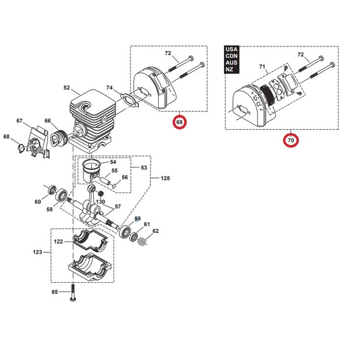 Uitlaat Compleet voor Dolmar - Makita PS34, PS36, PS41, PS45 op Kettingzagen, Motorzagen Geluiddemper PS-34, PS-36, PS-41, PS-45, onderdeel