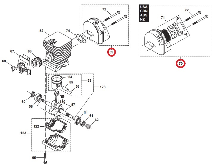 Uitlaat Compleet voor Dolmar - Makita PS34, PS36, PS41, PS45 op Kettingzagen, Motorzagen Geluiddemper PS-34, PS-36, PS-41, PS-45, onderdeel