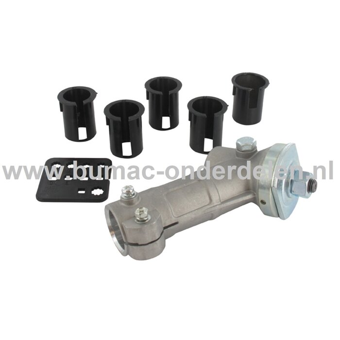 Haakse Overbrenging Universeel voor Bosmaaiers, Trimmers, Motorzeisen tot 45 cc met een Draairichting tegen de klok in Inclusief 5 Ringen met Ø 24, 25, 25,4, 26, 27 Tandwielkop, Bosmaaierkop