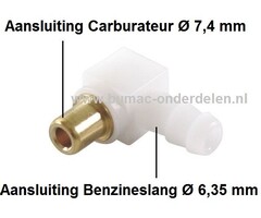 Nippel voor Benzineslang aansluiting bij Walbro Carburateur van Briggs and Stratton op Zitmaaier, Frontmaaier, Trekker