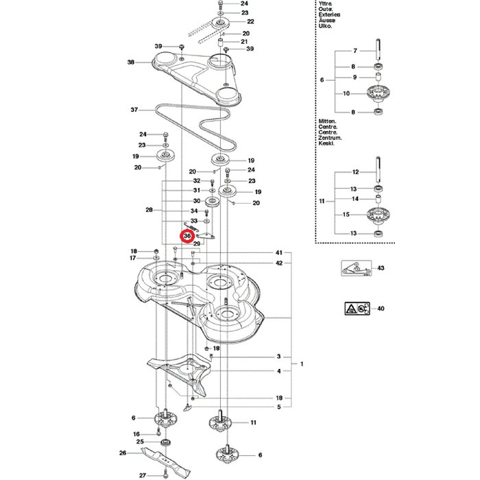 Veer voor spannen van V-snaar op het Maaidek voor HUSQVARNA, JONSERED, MCCULLOCH, PARTNER, ZENOAH Maaidek Combi 103cm R400, Maaidek Combi 112cm R400, Maaidek Combi 122cm R400, P524, P524EFI, PR17, PR17 AWD, PROFLEX 1200, PROFLEX 18, PROFLEX 20, PROFLEX 21