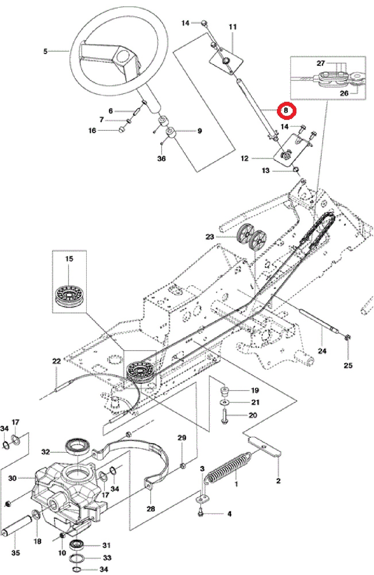 Stuurstang voor HUSQVARNA, JONSERED, PARTNER, MCCULLOCH, ZENOAH R213 C, R214 T, R214 T AWD, R214 TC, R215 TX, R216, R216 AWD, R216 T AWD, R216TAWD, R318, R320 AWD, FR2213 MA, FR2216 MA, FR2216 MA 4x4, M125, M125-94FH, FMZ1300, FMZ1400T op ZItmaaiers - Fro