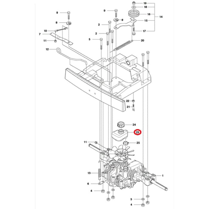 Olietank voor Husqvarna, Jonsered, McCulloch, Partner, Zenoah Frontmaaier Hydrostaat R213C, R214 TC, R215 TX, R216, R316T, R318, RIDER 13 BIOCLIP, 15 C, T, 155, 16 C, 175, 18, FR2113 MA, FR2115 MA, FR2116 MA, FR2213 MA, FR2215 MA, FR2216 A, FR2218FA, FR23