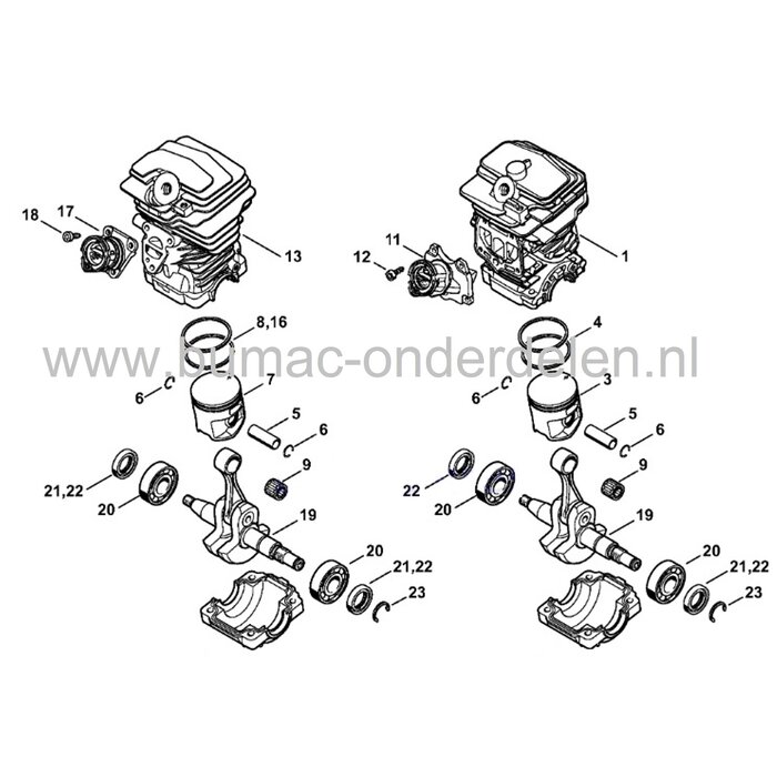 Cilinder met Zuiger Ø 44 mm voor Stihl MS251 Kettingzaag, Cilinder met zuiger, Pistonpen en Borgclips Compleet voor Stihl MS 251 Motorzaag