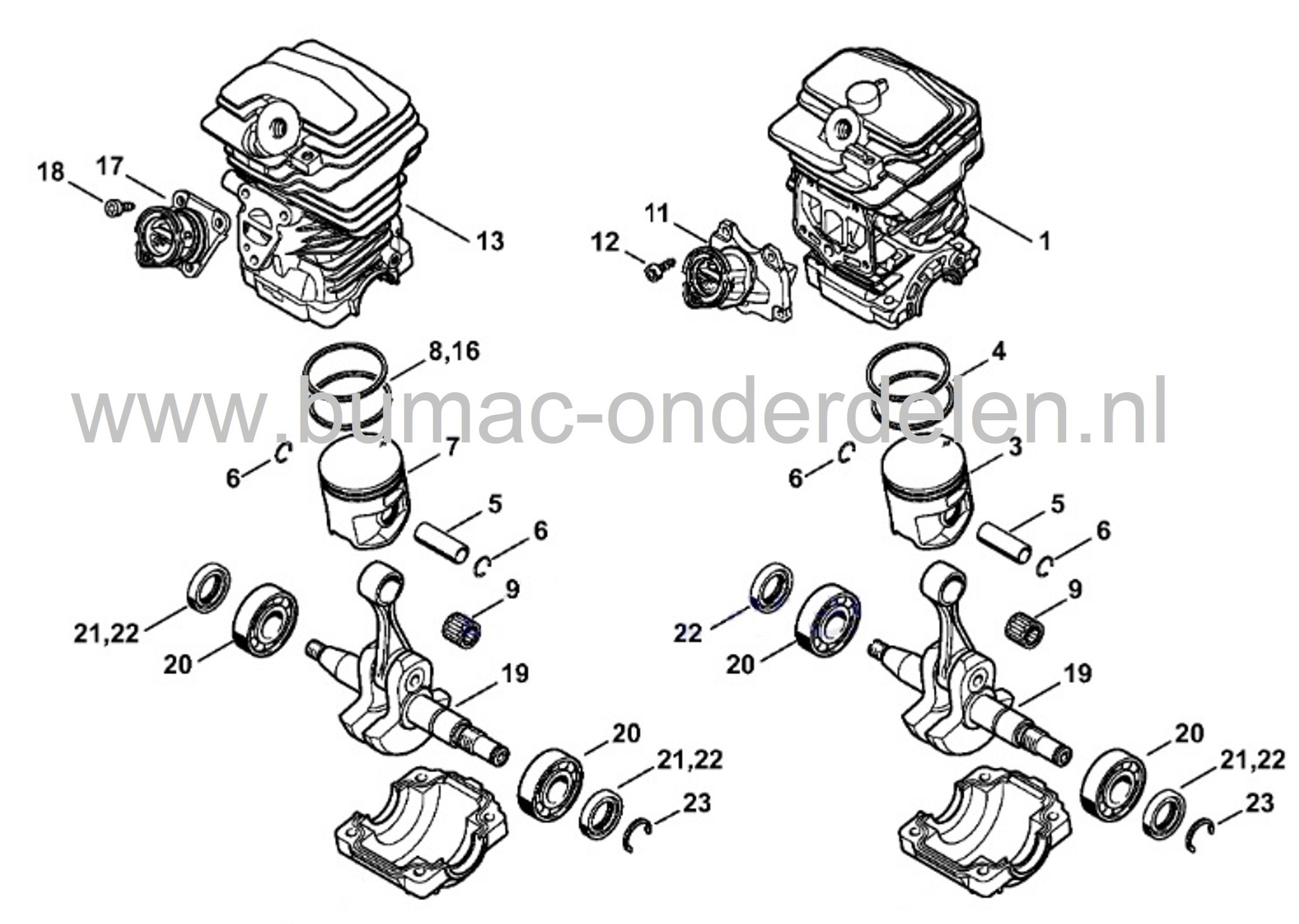 Cilinder met Zuiger Ø 44 mm voor Stihl MS251 Kettingzaag, Cilinder met zuiger, Pistonpen en Borgclips Compleet voor Stihl MS 251 Motorzaag