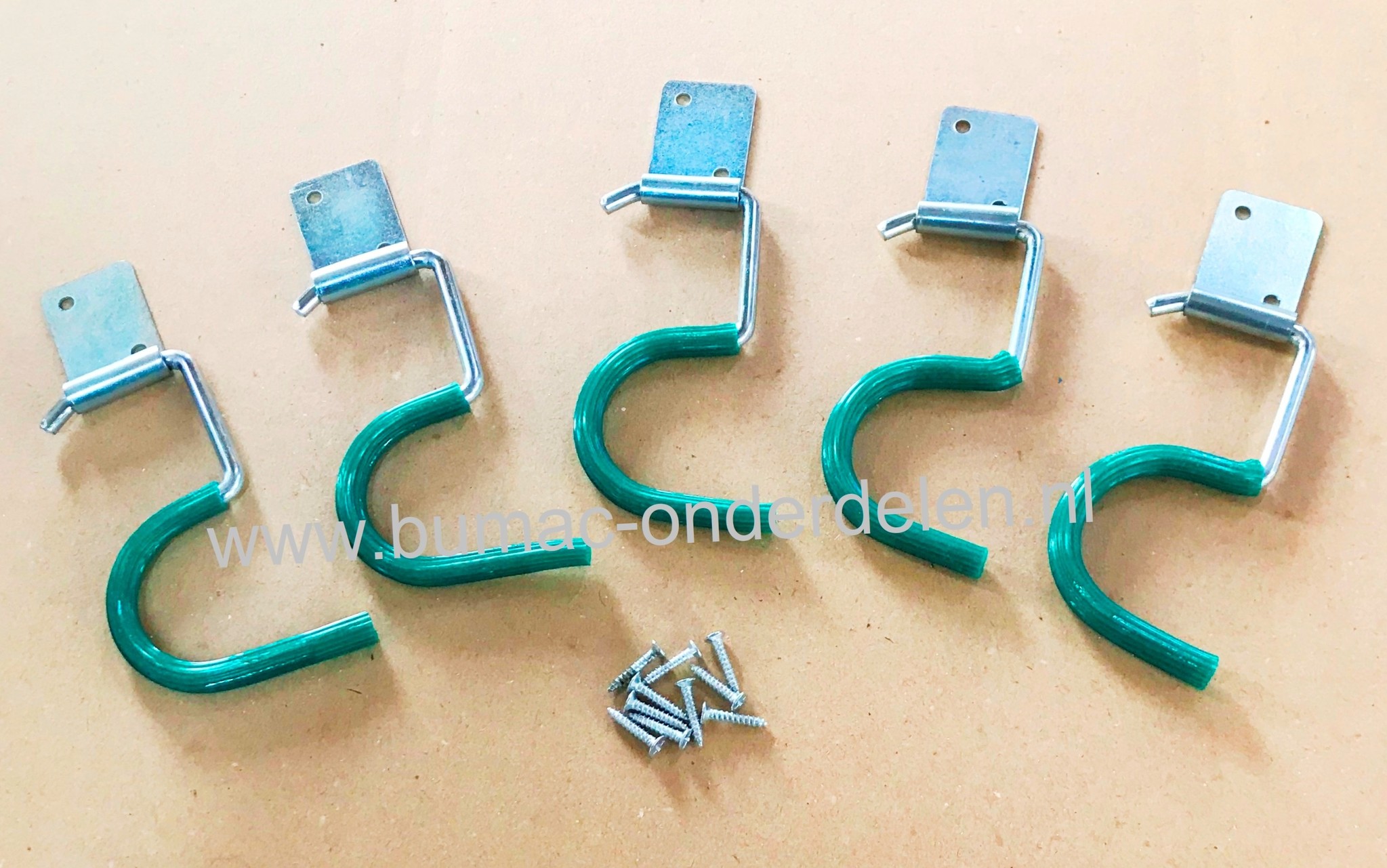 Gereedschapshouder met bevestigingsplaatje 5 stuks, metalen haak bekleed met kunststof ter voorkoming van beschadigingen aan je gereedschappen, praktisch, ruimtebesparend, eenvoudig te monteren, tuingereedschapshouder, bezemhouder, steelhouder