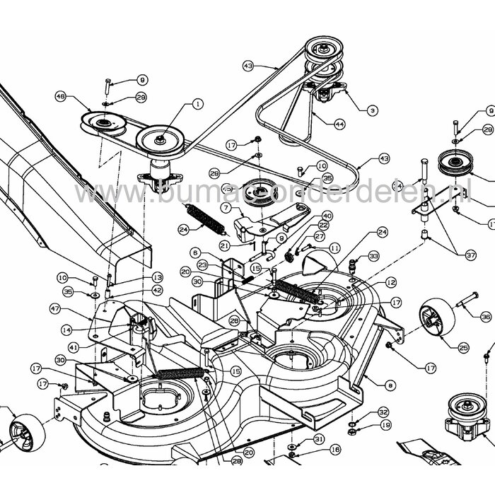 V snaar Maaidek MTD, Gutbrod, MF, Bolens, Wolf, Yard Man, Cub Cadet Serie 500 met J-Deck (48 Inch/122cm) Achteruitworp, Aandrijfriem voor Linker en Middelste Maaimes  BL220/122H, GLX122RHL, Expert 122.240H, CC1023RD, CC1024RDJ, CC1024KHJ, AJ5190, HJ5200,