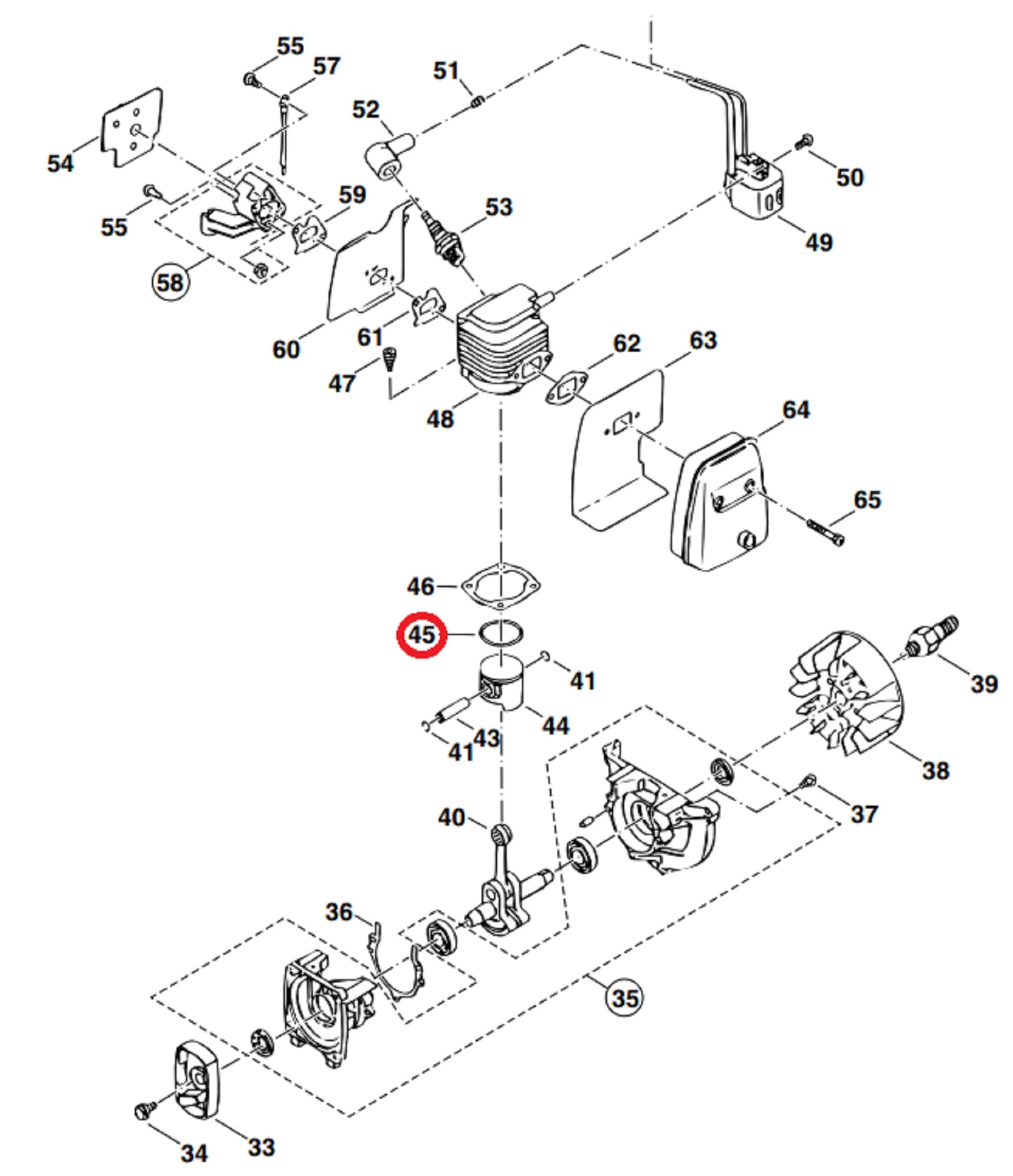 Zuigerveer voor DOLMAR, MAKITA, ROBIN Bladblazers, Bladvegers, Blowers Zuiger Veer PB-250, RBL 250