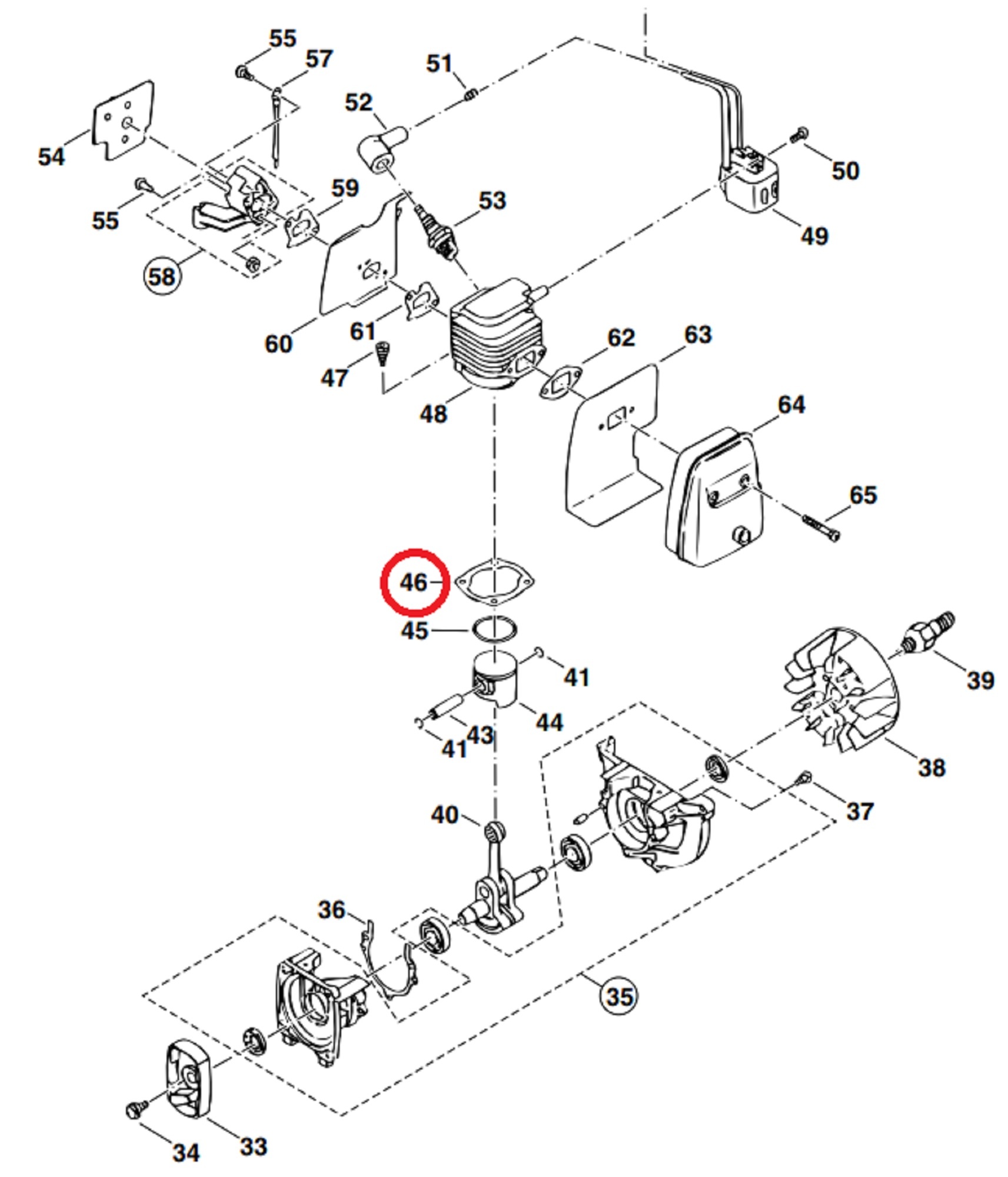 Cylinderafdichting voor DOLMAR, MAKITA, ROBIN Bladblazers, Bladvegers, Blowers Cylindervoetpakking, Cylinderpakking, Dichting, Pakking PB-250, RBL 250