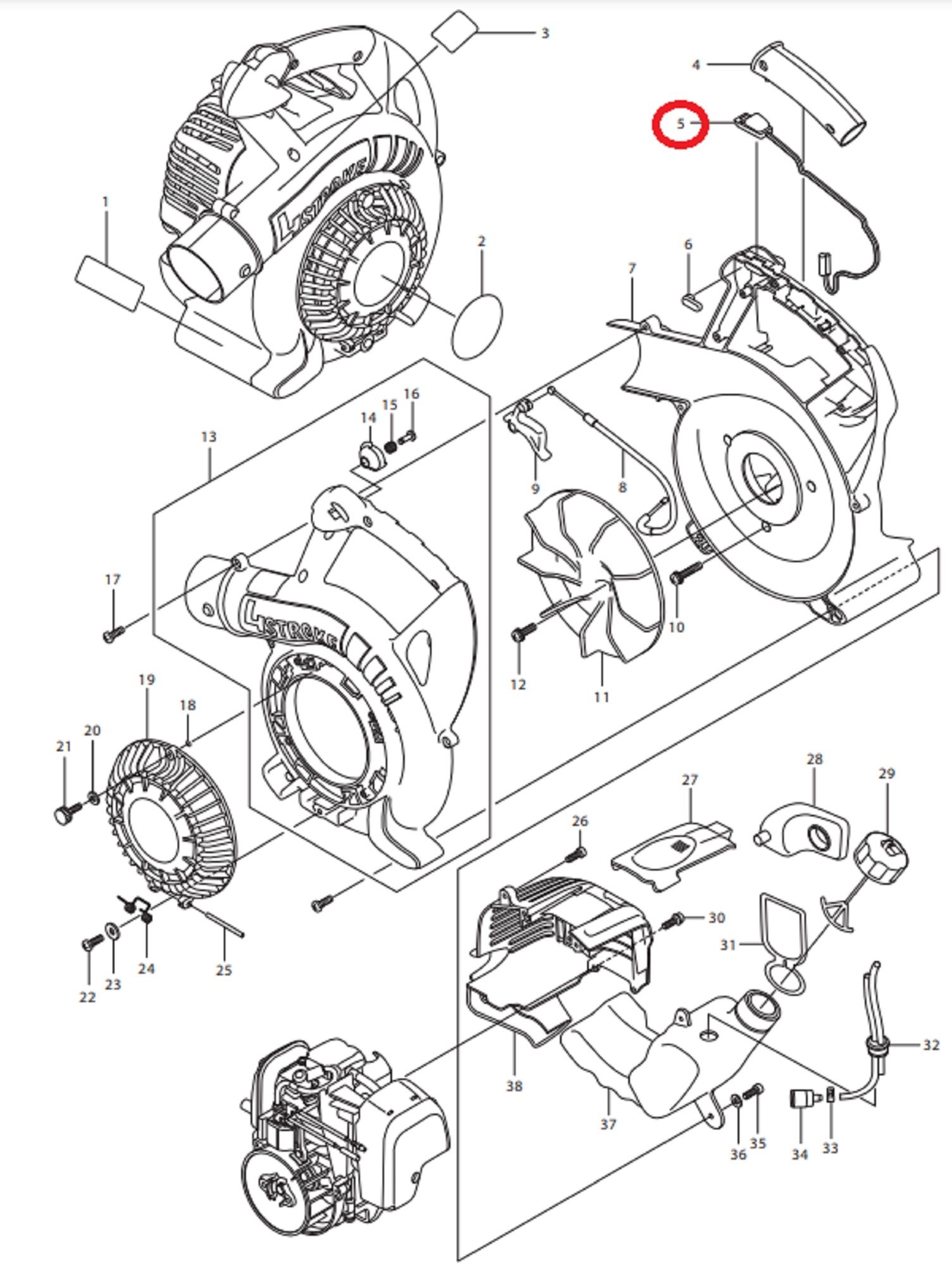 Aan - Uit schakelaar voor Dolmar - Makita - Robin BHX250L, PB2504, EUB4250SP Bladblazers BHX 250 L, PB 2504, PB250.4, EUB 4250 SP, onderdeel, stop schakelaar, Veiligheidsschakelaar,  on - off, onderdeel