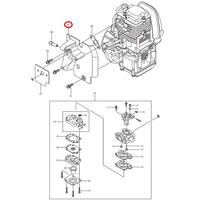 Afdekplaat met Spruitstuk voor DOLMAR, MAKITA, ROBIN PB250.4, BHX250L op Bladblazers PB2504, PB-250.4