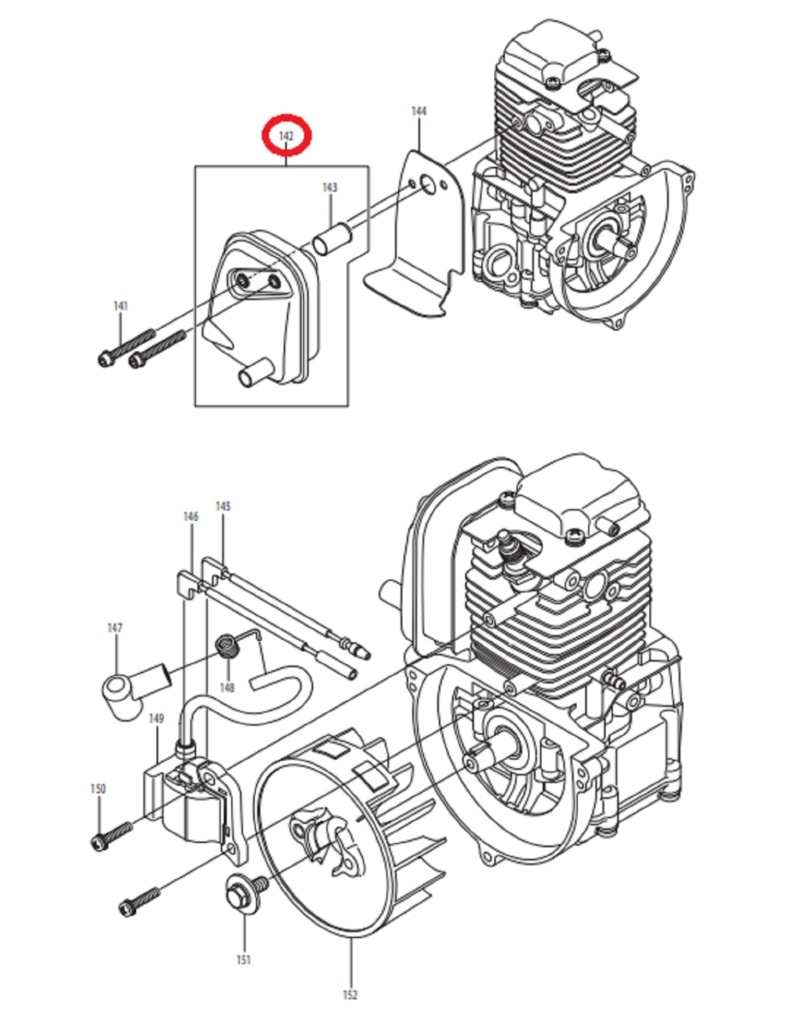 Uitlaat Compleet voor DOLMAR, MAKITA, ROBIN PB250.4, BHX250L op Bladblazers Uitlaat PB2504, PB-250.4, onderdeel