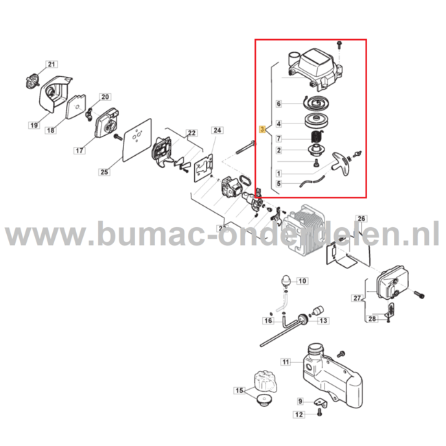 Starter Compleet voor Stiga, Castelgarden, Alpina, Mountfield Heggenscharen, Benzineheggenscharen Handstarter BG225KKT, HTK60X, HTK75X, PRO60DL, PRO75DL, SHT660K, SHT675K