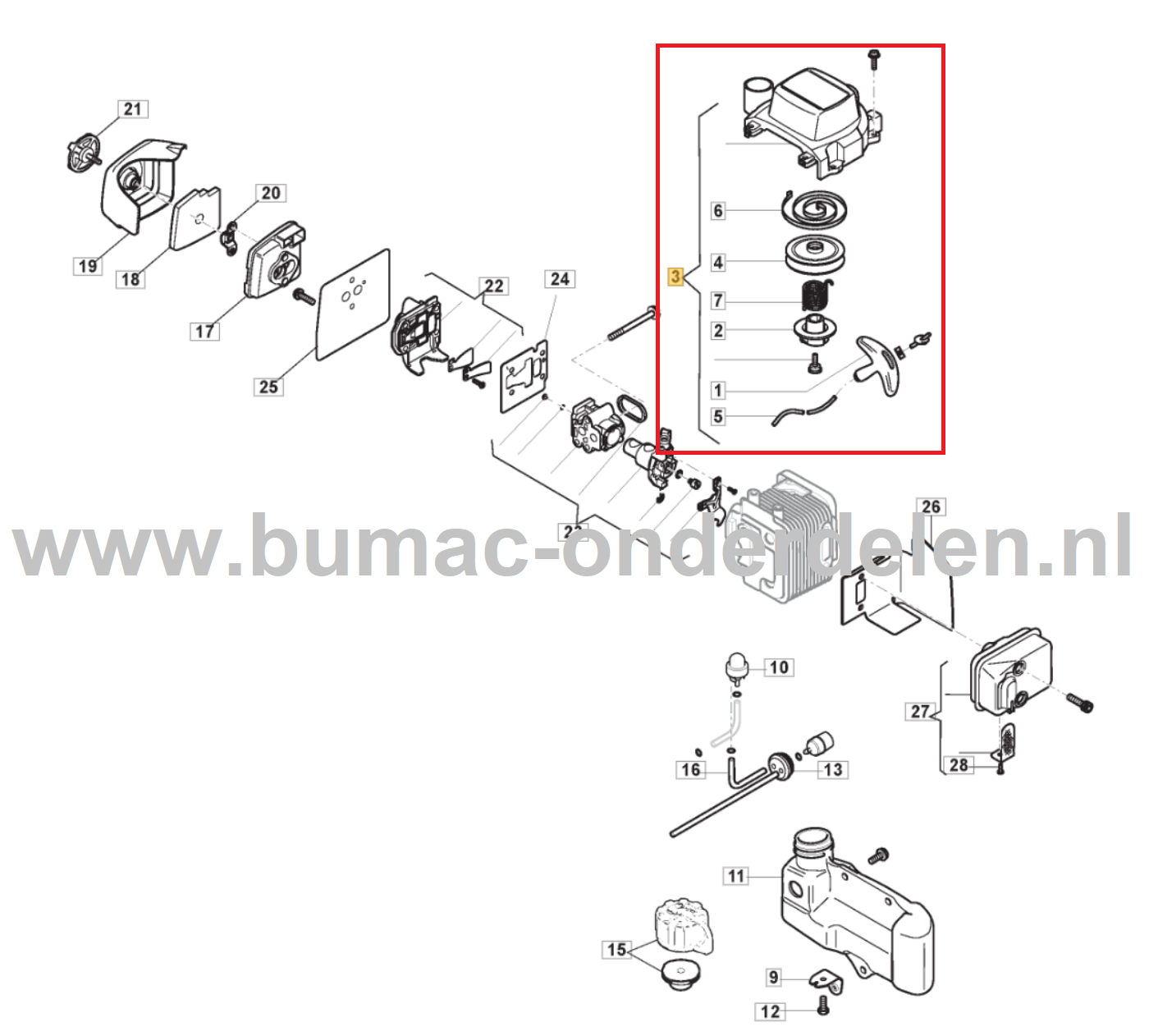 Starter Compleet voor Stiga, Castelgarden, Alpina, Mountfield Heggenscharen, Benzineheggenscharen Handstarter BG225KKT, HTK60X, HTK75X, PRO60DL, PRO75DL, SHT660K, SHT675K