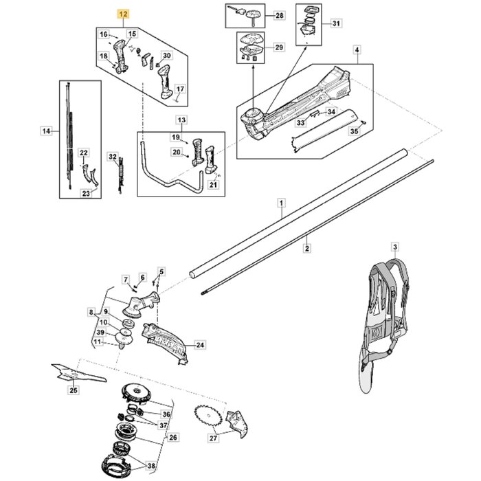 Handvat Rechts met Gashendel Compleet voor STIGA, CASTELGARDEN, MOUNTFIELD, ALPINA ABR45, ABR55, BC750, BC760, MB45, MB55, MS2700, MS3300, OM200MS, SBC646, SBC656 op Bosmaaiers - Trimmers - Motorzeis