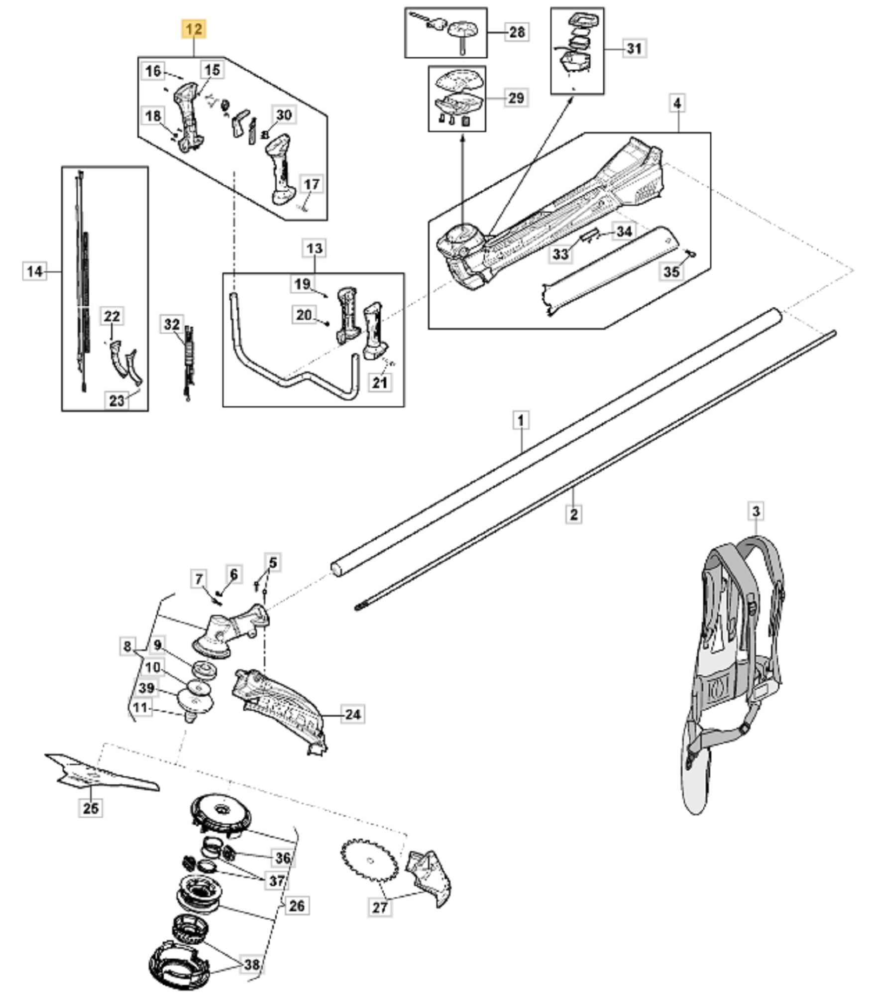 Handvat Rechts met Gashendel Compleet voor STIGA, CASTELGARDEN, MOUNTFIELD, ALPINA ABR45, ABR55, BC750, BC760, MB45, MB55, MS2700, MS3300, OM200MS, SBC646, SBC656 op Bosmaaiers - Trimmers - Motorzeis