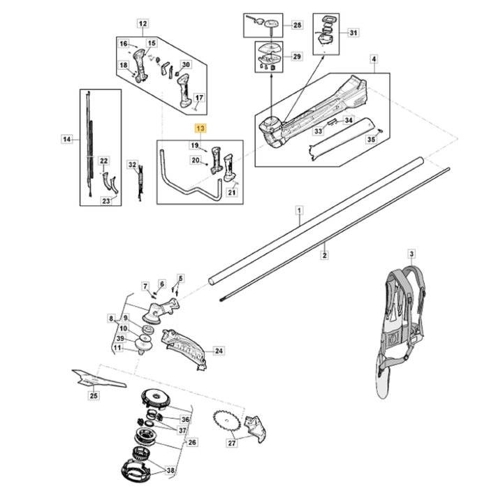 Handvat Links met Stang voor STIGA, CASTELGARDEN, MOUNTFIELD, ALPINA ABR45, ABR55, BC750, BC760, MB45, MB55, MS2700, MS3300, OM200MS, SBC646, SBC656 op Bosmaaiers - Trimmers - Motorzeis Handgreep ABR 45, ABR 55, BC 750, BC 760, MB 45, MB 55, MS 2700, MS 3