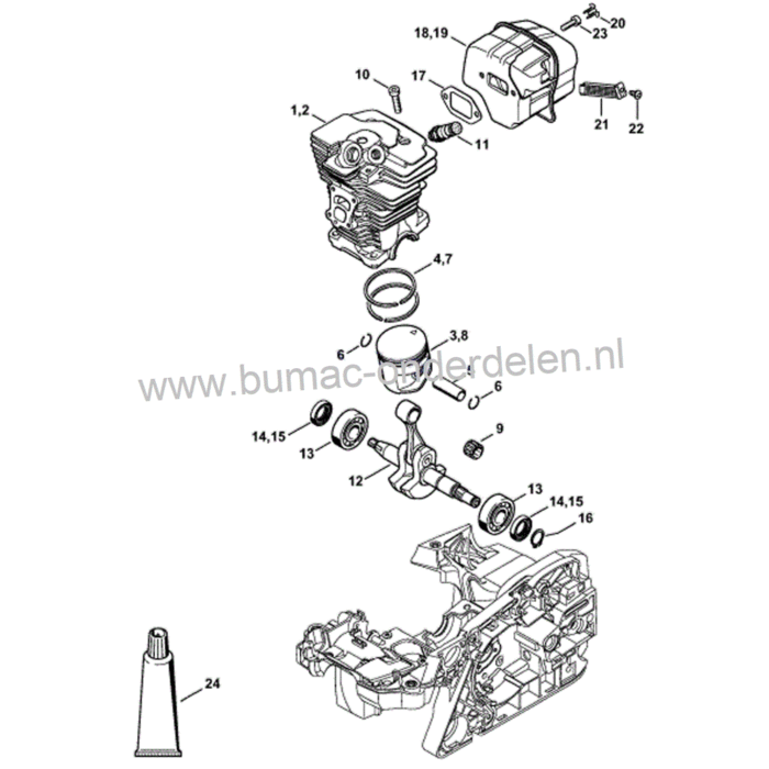 Cilinderset Ø 49 mm voor Stihl MS391 Kettingzaag, Motorzaag voor Stihl Cylinder met Zuiger, Zuigerveren, Pistonpen, Borgclips voor MS-391 Motorzagen, Benzine kettingzagen onderdeel