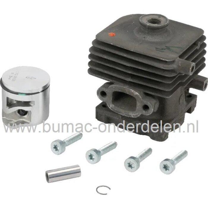 Cilinderset Ø 34 mm voor Stihl HS82 R, HS82 T, HS87 R, HS87 T, heggenschaar, Stihl cylinder compleet met zuiger, zuigerveren, pistonpen, borgclips voor HS82R, HS82T, HS87R, HS87T, benzine heggenschaar, snoeischaar, onderdeel