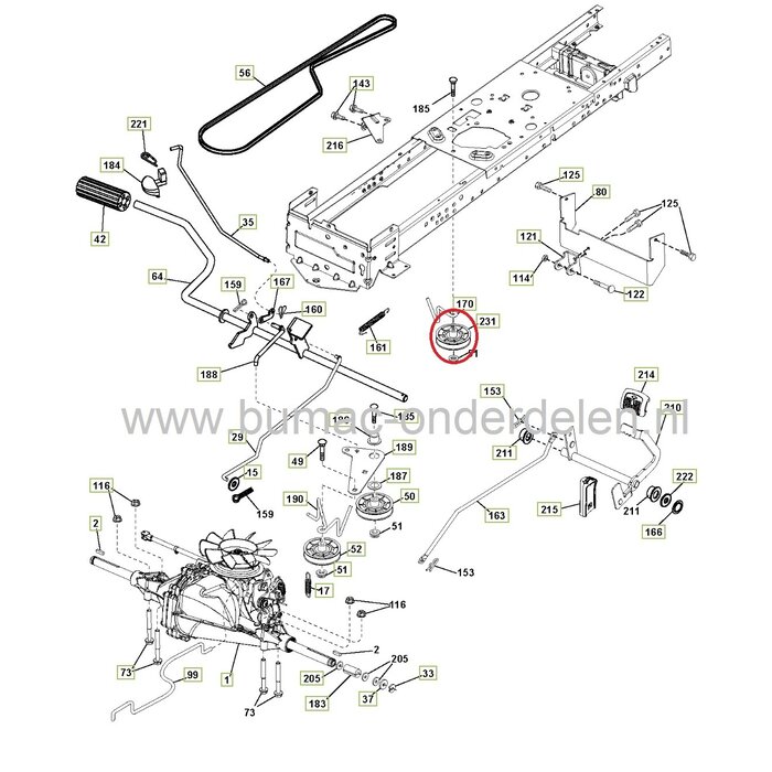 V snaar poelie voor rijaandrijving Husqvarna, Jonsered, Partner, Lazer, Mc Culloch, Poulan, Zenoah, Dixon zitmaaier, frontmaaier, tuintrekker, D19KH42, LGTH24V54, TS248TXD, YTH22V42LS, LT2217A, M17538H, PB195H42LT, CT1330, pouly, spanpoelie, onderdeel