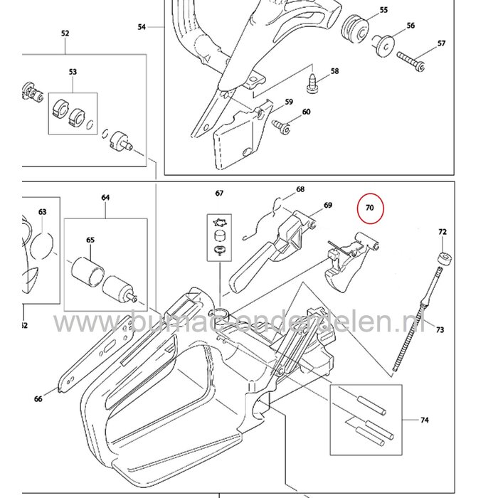 Gashendel voor Dolmar - Makita kettingzaag, motorzaag 109, 110, 111, 115, PS43, PS52, PS540, DCS430, DCS431, DE4345, DCS4300i, DCS520, DCS5200, DCS43, DCS52, DCS540, onderdeel