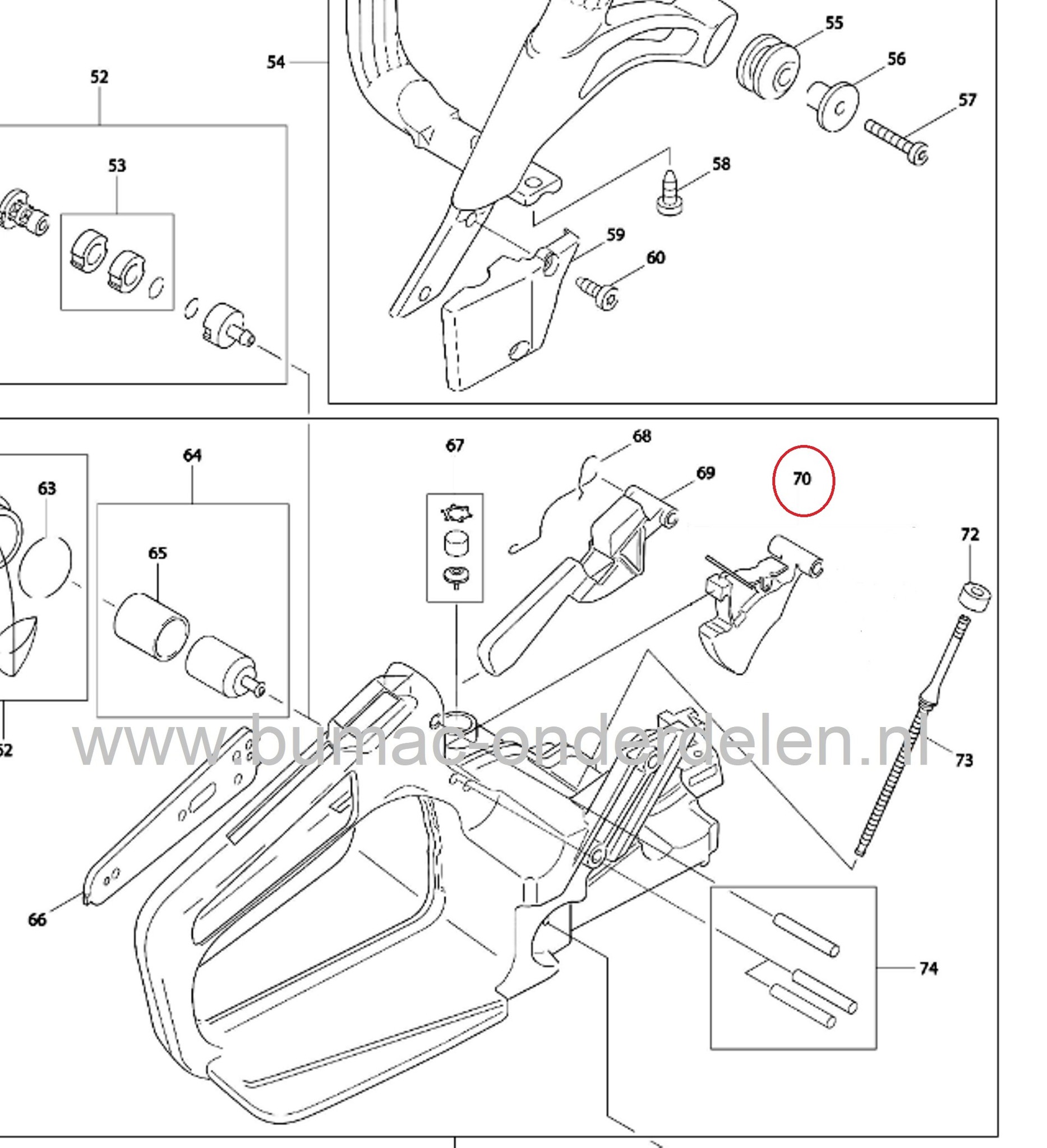 Gashendel voor Dolmar - Makita kettingzaag, motorzaag 109, 110, 111, 115, PS43, PS52, PS540, DCS430, DCS431, DE4345, DCS4300i, DCS520, DCS5200, DCS43, DCS52, DCS540, onderdeel