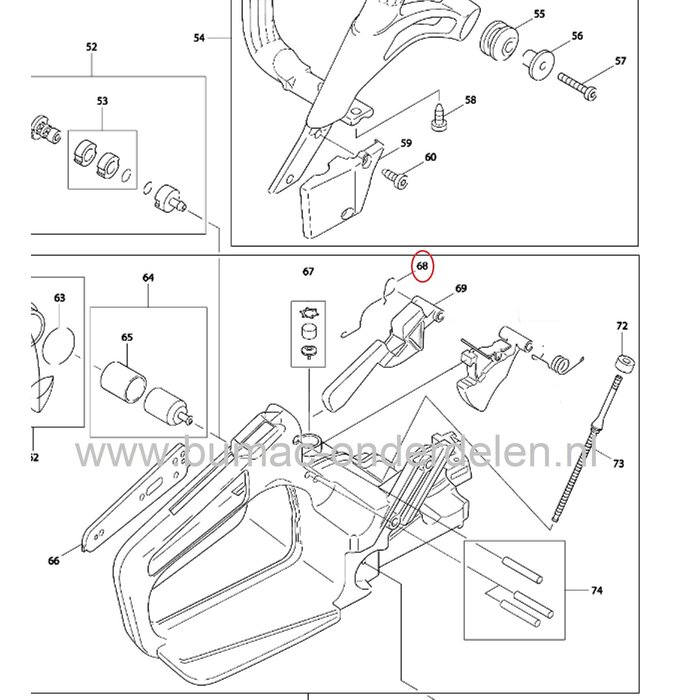 Veer voor vergrendelingshendel Dolmar - Makita kettingzaag, motorzaag 109, 110, 111, 115, PS43, PS52, PS540, DCS430, DCS431, DE4345, DCS4300i, DCS520, DCS5200, DCS43, DCS52, DCS540, onderdeel