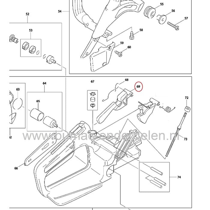 Vergrendelingshendel voor Dolmar - Makita kettingzaag, motorzaag 109, 110, 111, 115, PS43, PS52, PS540, DCS430, DCS431, DE4345, DCS4300i, DCS520, DCS5200, DCS43, DCS52, DCS540, onderdeel