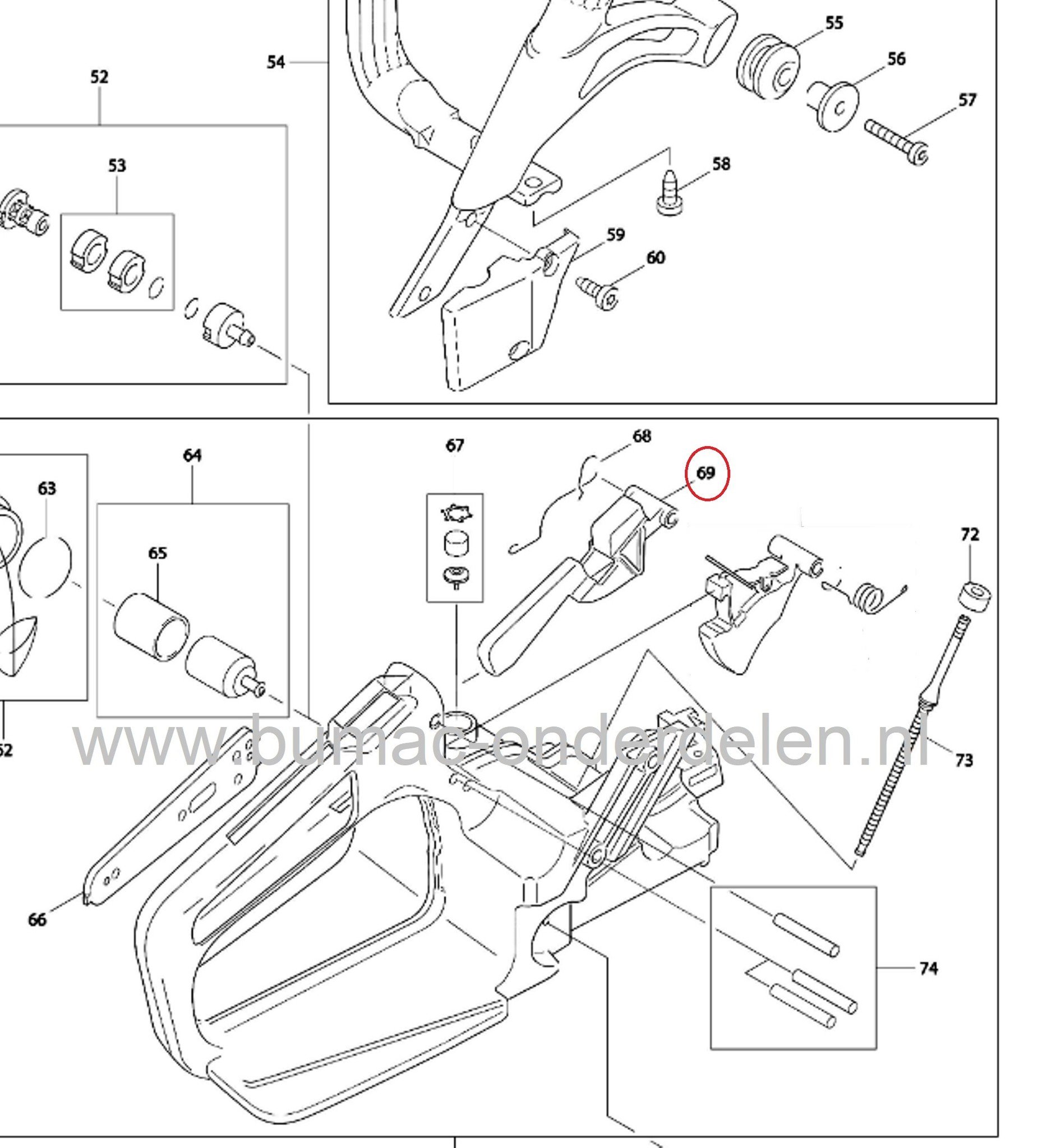Vergrendelingshendel voor Dolmar - Makita kettingzaag, motorzaag 109, 110, 111, 115, PS43, PS52, PS540, DCS430, DCS431, DE4345, DCS4300i, DCS520, DCS5200, DCS43, DCS52, DCS540, onderdeel