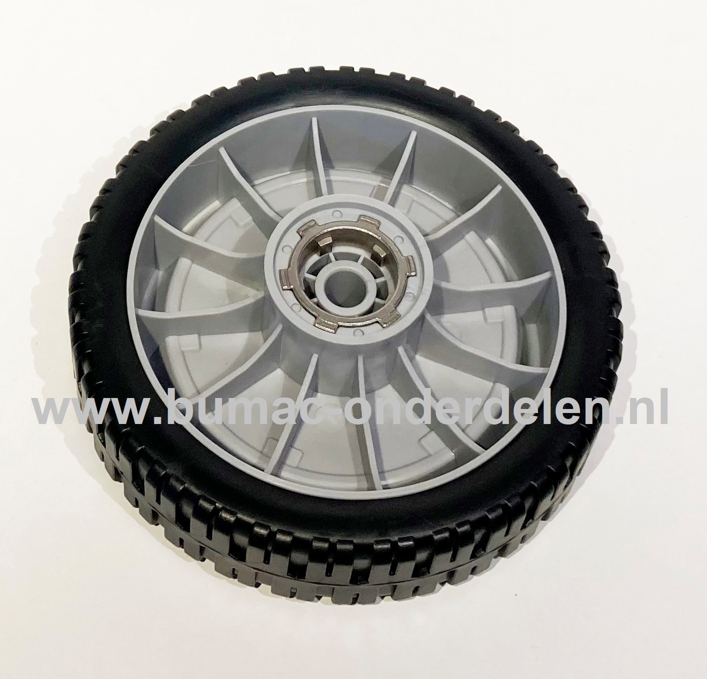 Kunststof wiel Ø 205 mm, asgat Ø 15 mm met rondsel voor Kaaz-Orec loopmaaier, grasmaaier, benzinemaaier, cirkelmaaier, LM480, LM485, LM530, LM535KX, met tandwiel,  LM 480, LM 485, LM 530, LM 535KX, onderdeel