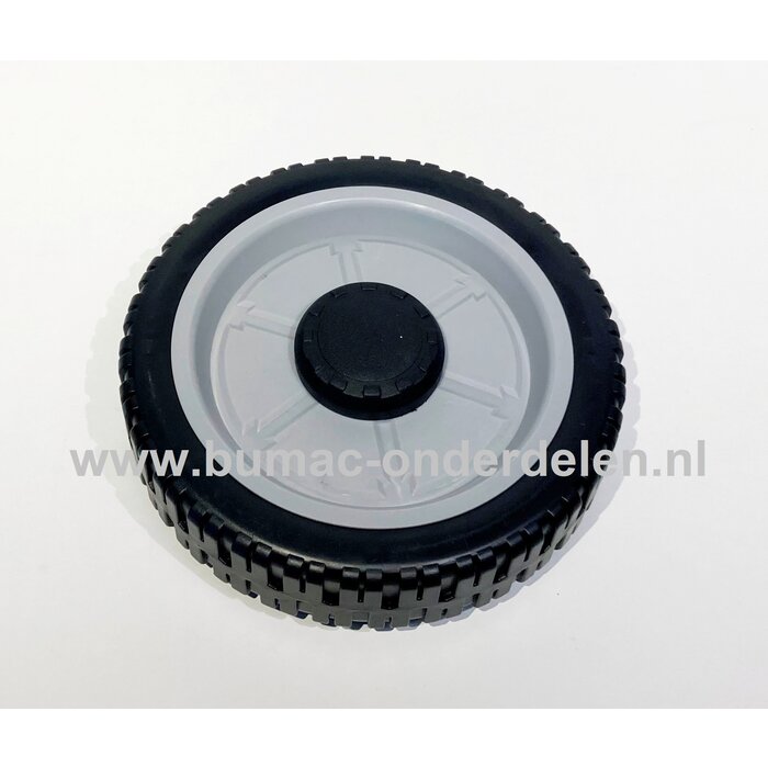 Kunststof wiel Ø 205 mm, asgat Ø 15 mm met rondsel voor Kaaz-Orec loopmaaier, grasmaaier, benzinemaaier, cirkelmaaier, LM480, LM485, LM530, LM535KX, met tandwiel,  LM 480, LM 485, LM 530, LM 535KX, onderdeel