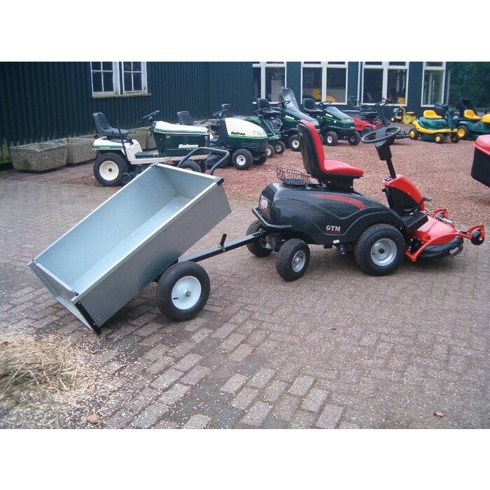 Degelijke Stalen verzinkte aanhanger met Kiepbak achter Zitmaaier- Frontmaaier of Quad.
