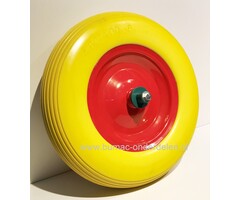Kruiwagenwiel Ø 380 mm met Anti lek band van polyurethaan, Binnendiameter Ø 20 mm Naaflengte 80 mm As lengte 128 mm, Wiel met Stalen velg en 2x  Afgedichte Kogellagers, antilek band, onderdeel kruiwagenband
