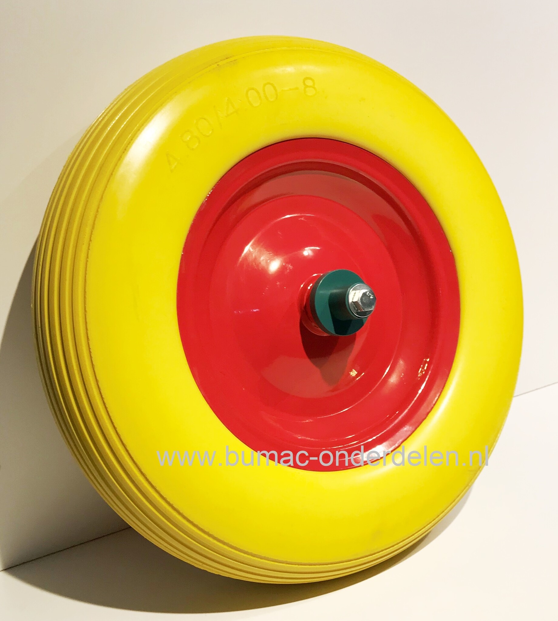 Kruiwagenwiel Ø 380 mm met Anti lek band van polyurethaan, Binnendiameter Ø 20 mm Naaflengte 80 mm As lengte 128 mm, Wiel met Stalen velg en 2x  Afgedichte Kogellagers, antilek band, onderdeel kruiwagenband