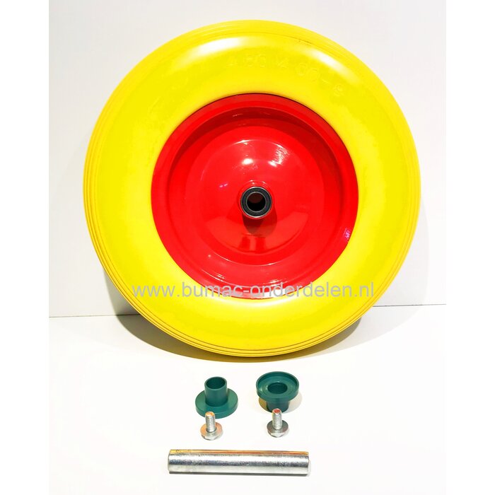 Kruiwagenwiel Ø 380 mm met Anti lek band van polyurethaan, Binnendiameter Ø 20 mm Naaflengte 80 mm As lengte 128 mm, Wiel met Stalen velg en 2x  Afgedichte Kogellagers, antilek band, onderdeel kruiwagenband